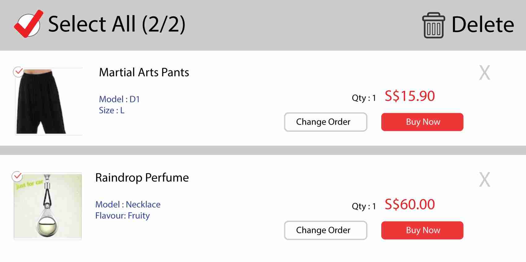 Options to select item from cart to checkout from e-commerce
