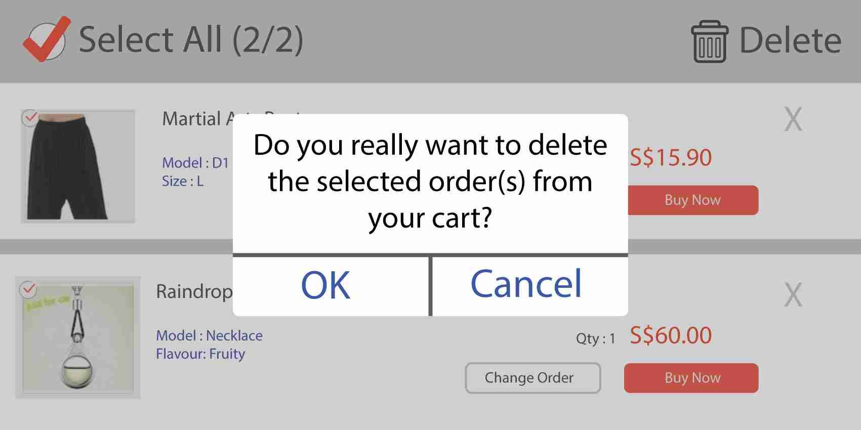 Shopping cart prompt message e-commerce