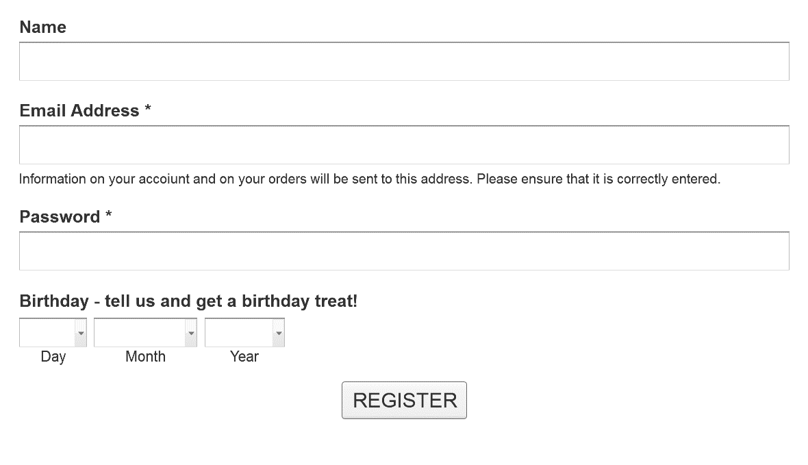 E-commerce registration form